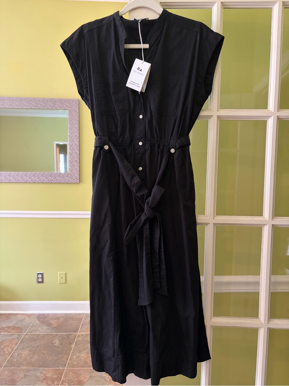 Free Assembly Black Button-Front Tie-Waist Midi Dress